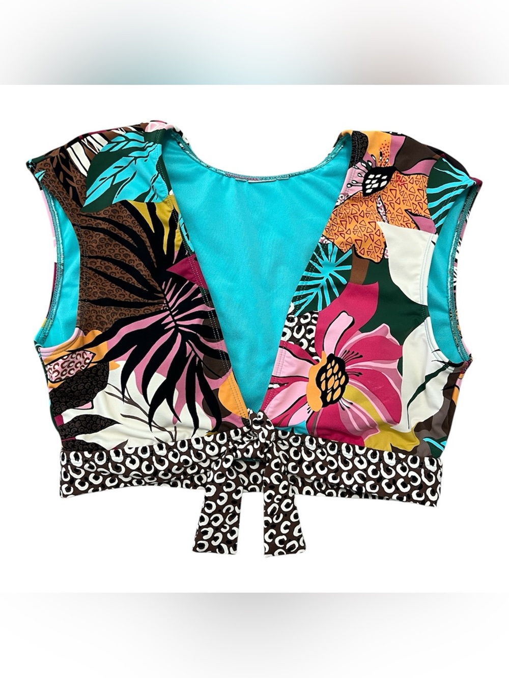 Women’s botanical print deep v plunge swim top removable pads size 6 EUC